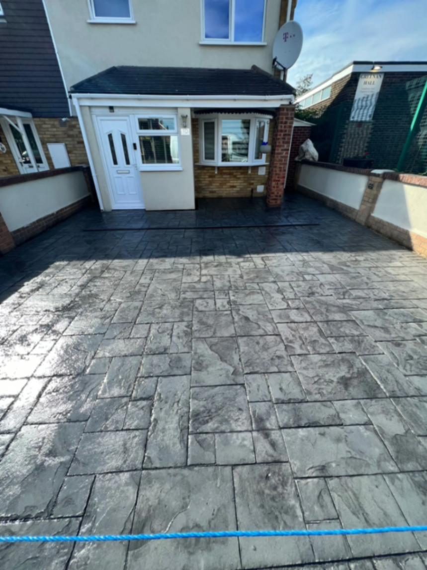 Pattern imprinted concrete driveway at an Essex home
